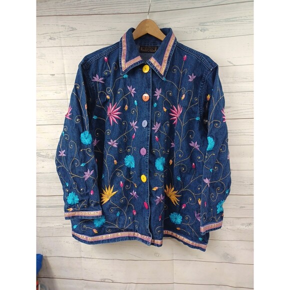 Life Style Womens Long Sleeve Floral Embroidered Denim Jean Jacket Blue Sz 1X - Picture 1 of 9